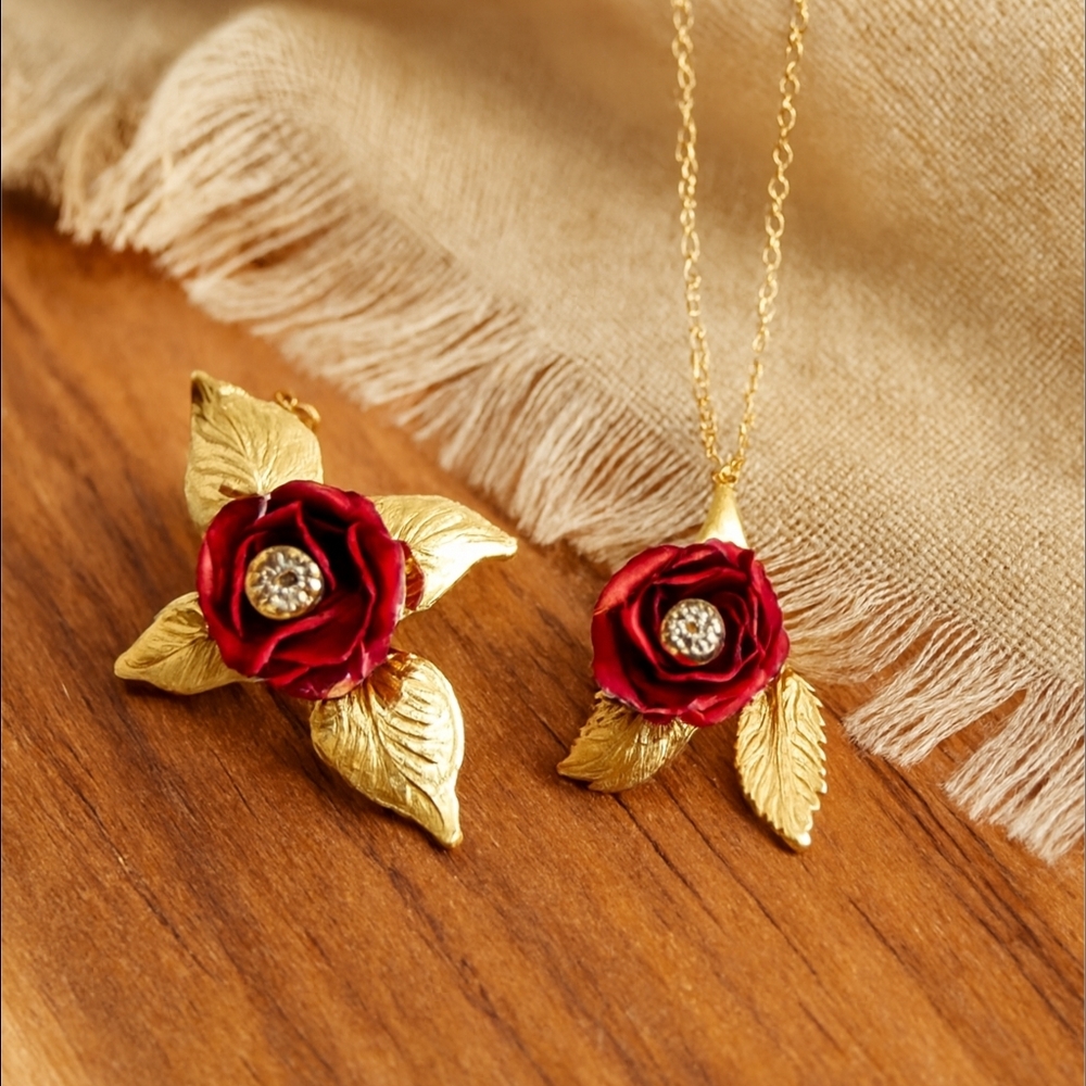 Vintage Gold Tone Rose Necklace & Brooch Set Rhinestone Floral